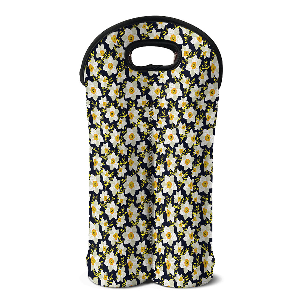 White Daffodil Flower Pattern Print Double Neoprene Wine Tote