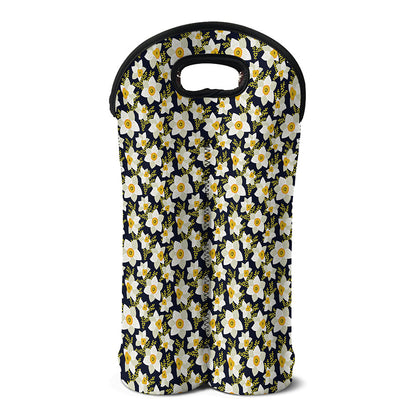 White Daffodil Flower Pattern Print Double Neoprene Wine Tote