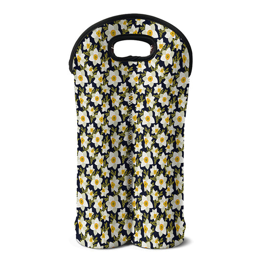 White Daffodil Flower Pattern Print Double Neoprene Wine Tote