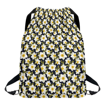 White Daffodil Flower Pattern Print Drawstring Backpack