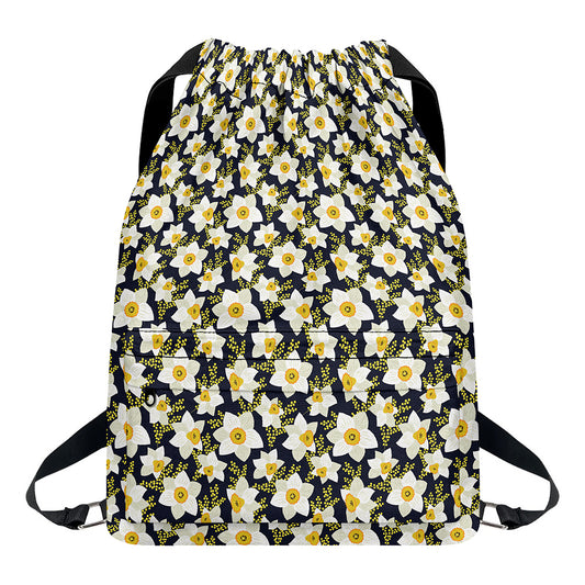 White Daffodil Flower Pattern Print Drawstring Backpack