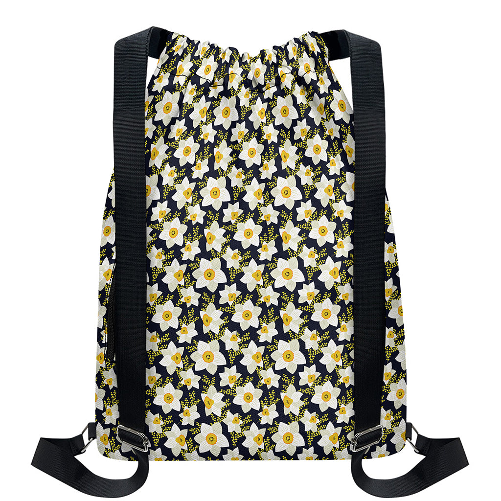 White Daffodil Flower Pattern Print Drawstring Backpack