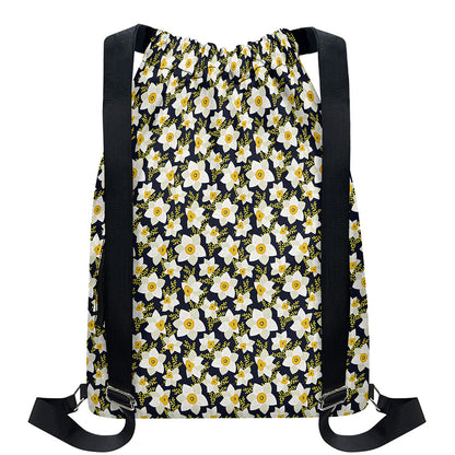 White Daffodil Flower Pattern Print Drawstring Backpack