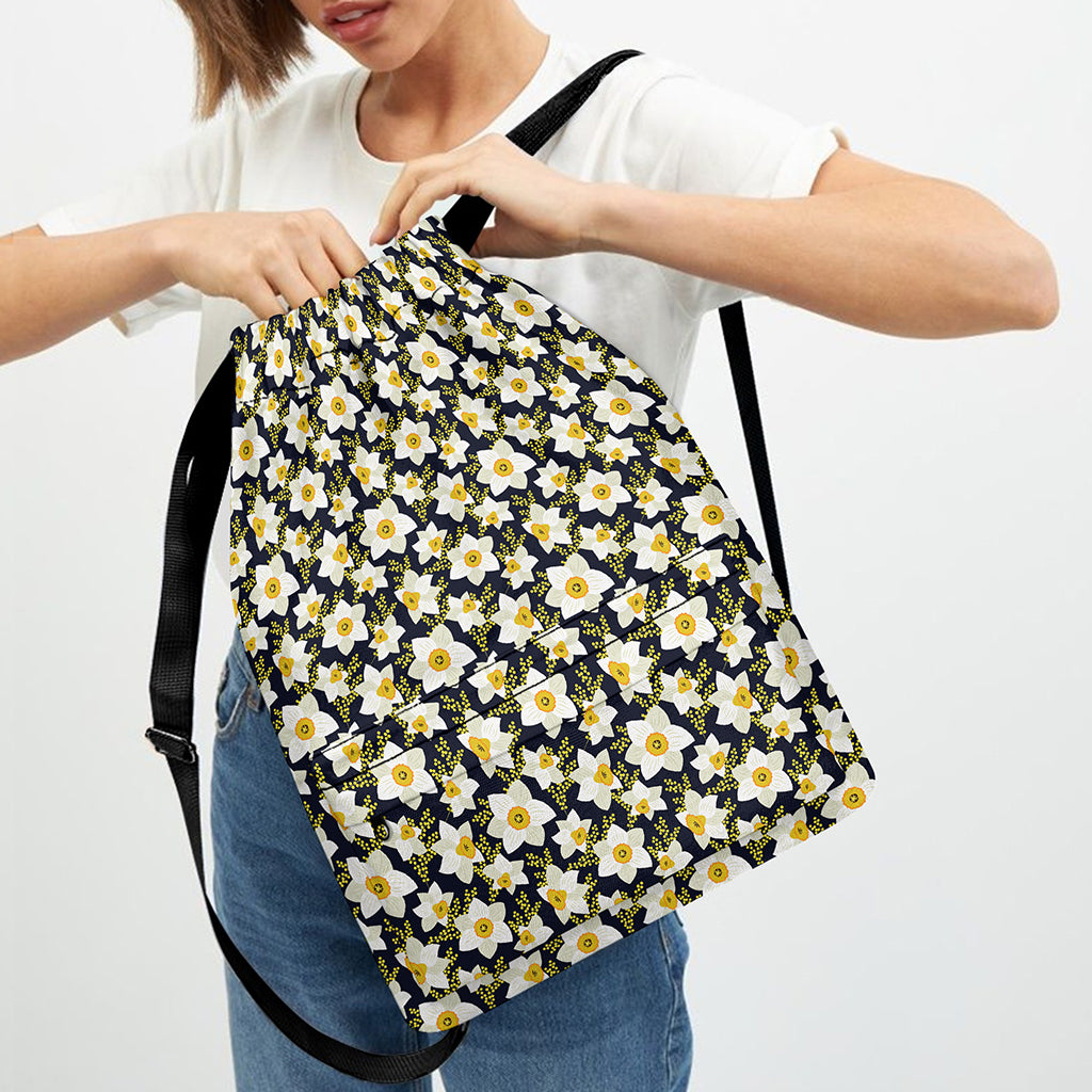 White Daffodil Flower Pattern Print Drawstring Backpack