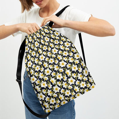 White Daffodil Flower Pattern Print Drawstring Backpack