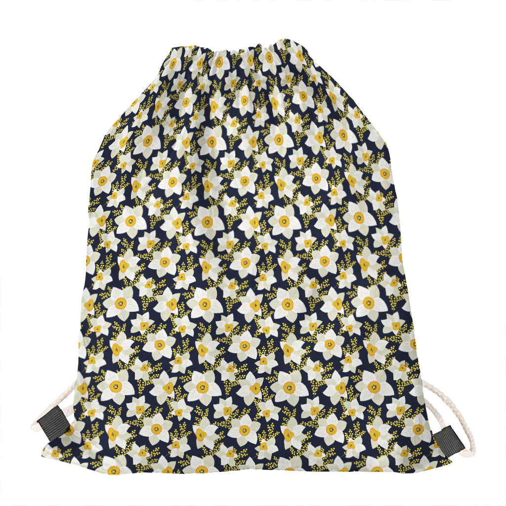 White Daffodil Flower Pattern Print Drawstring Bag