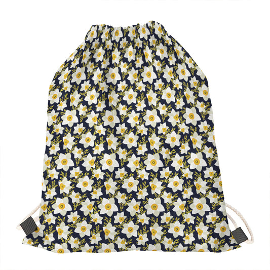 White Daffodil Flower Pattern Print Drawstring Bag