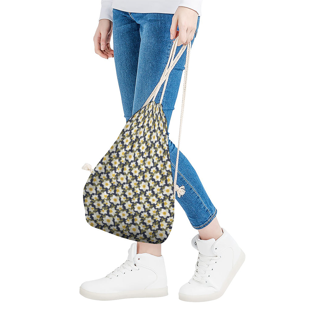 White Daffodil Flower Pattern Print Drawstring Bag