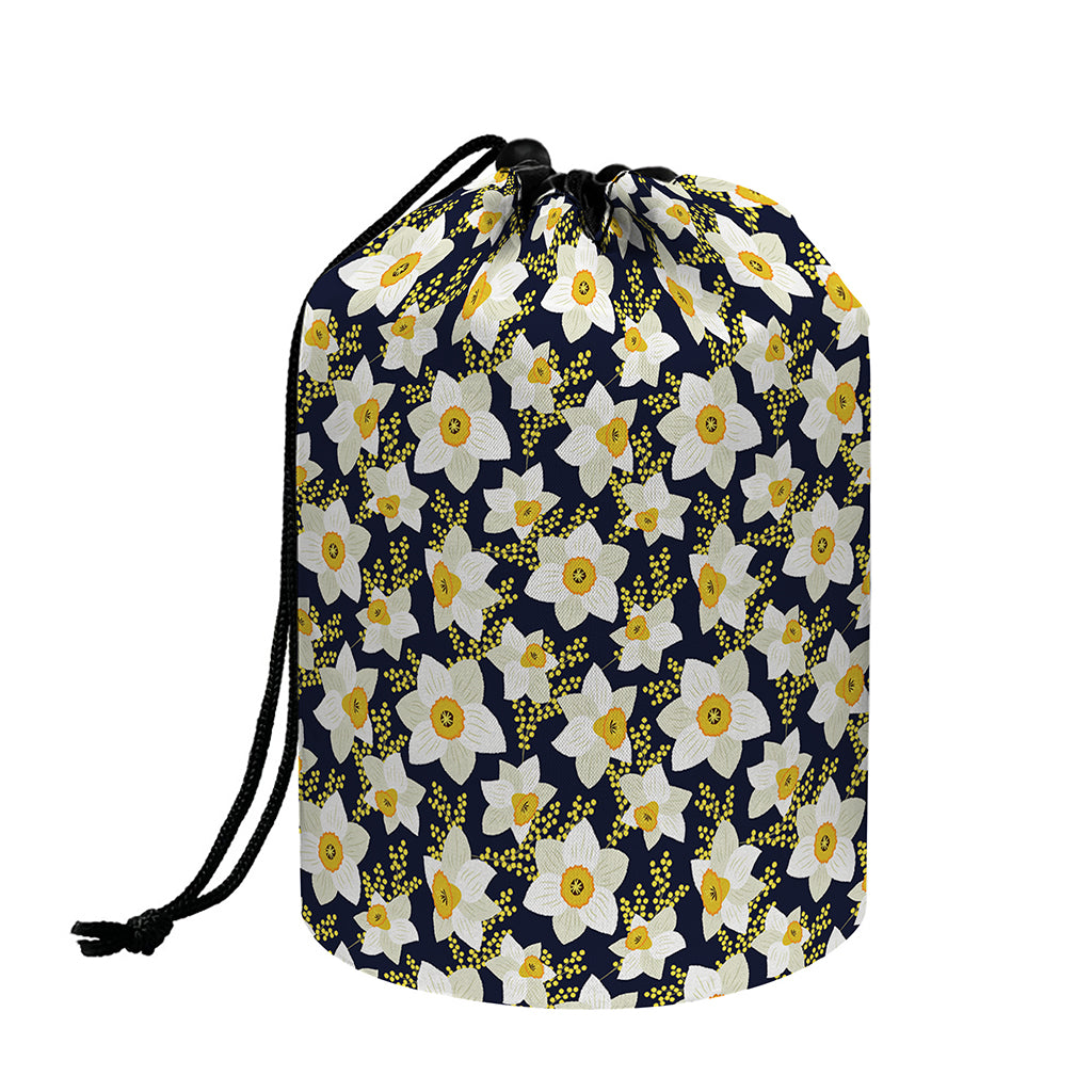 White Daffodil Flower Pattern Print Drawstring Makeup Bag