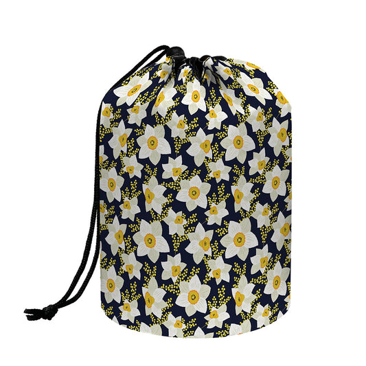 White Daffodil Flower Pattern Print Drawstring Makeup Bag