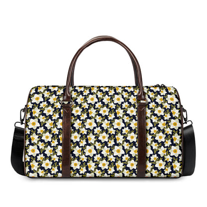 White Daffodil Flower Pattern Print Duffle Bag