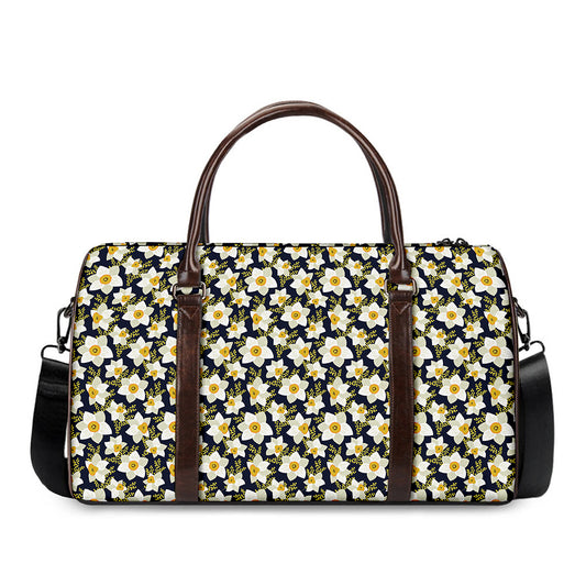 White Daffodil Flower Pattern Print Duffle Bag