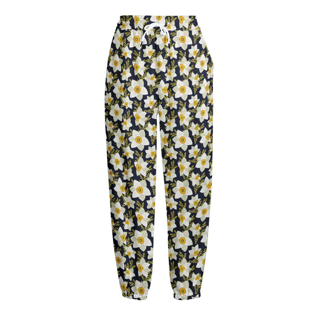 White Daffodil Flower Pattern Print Fleece Lined Knit Pants