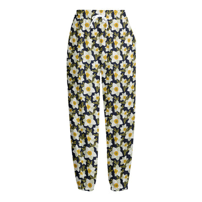 White Daffodil Flower Pattern Print Fleece Lined Knit Pants