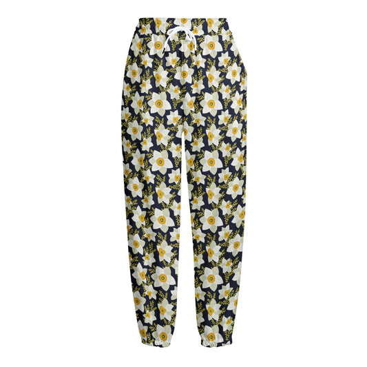 White Daffodil Flower Pattern Print Fleece Lined Knit Pants