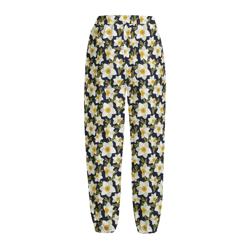 White Daffodil Flower Pattern Print Fleece Lined Knit Pants
