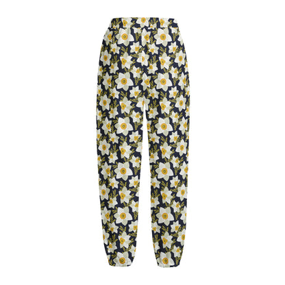 White Daffodil Flower Pattern Print Fleece Lined Knit Pants