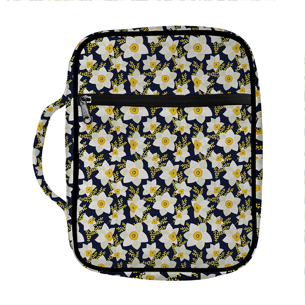 White Daffodil Flower Pattern Print Front Pocket Bible Bag