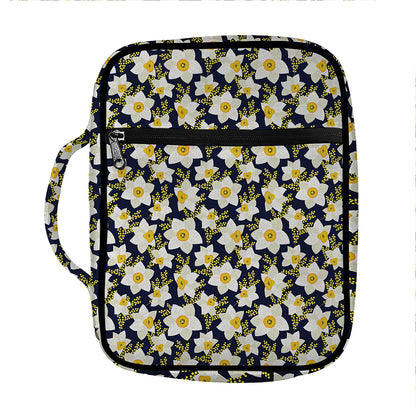 White Daffodil Flower Pattern Print Front Pocket Bible Bag