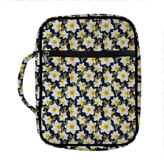 White Daffodil Flower Pattern Print Front Pocket Bible Bag