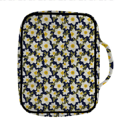 White Daffodil Flower Pattern Print Front Pocket Bible Bag