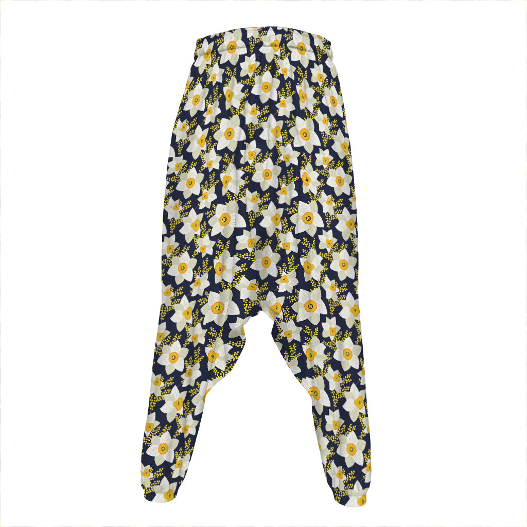 White Daffodil Flower Pattern Print Hammer Pants