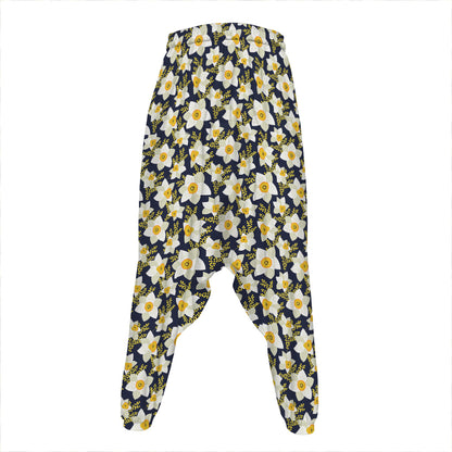 White Daffodil Flower Pattern Print Hammer Pants