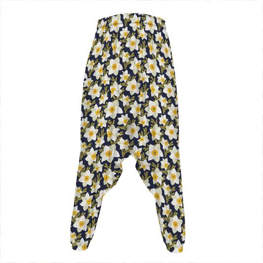 White Daffodil Flower Pattern Print Hammer Pants