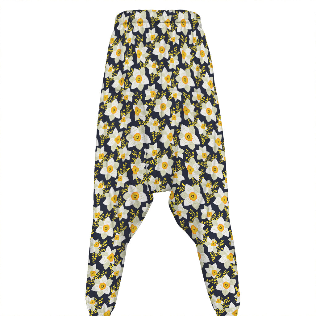 White Daffodil Flower Pattern Print Hammer Pants