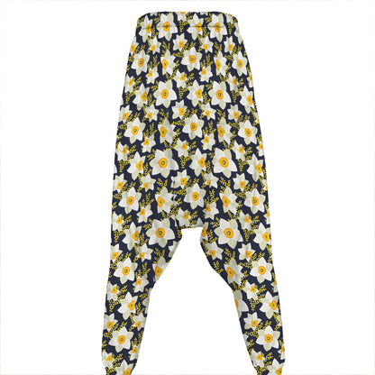 White Daffodil Flower Pattern Print Hammer Pants