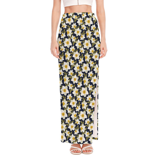 White Daffodil Flower Pattern Print High Slit Maxi Skirt