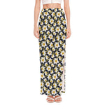 White Daffodil Flower Pattern Print High Slit Maxi Skirt