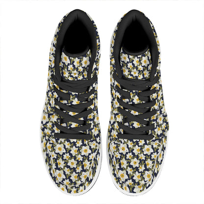 White Daffodil Flower Pattern Print High Top Leather Sneakers