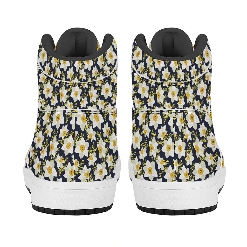 White Daffodil Flower Pattern Print High Top Leather Sneakers