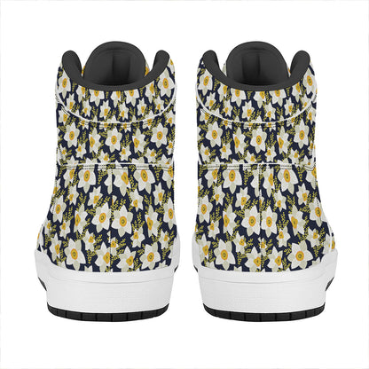 White Daffodil Flower Pattern Print High Top Leather Sneakers