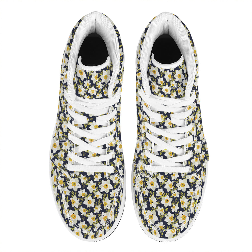 White Daffodil Flower Pattern Print High Top Leather Sneakers
