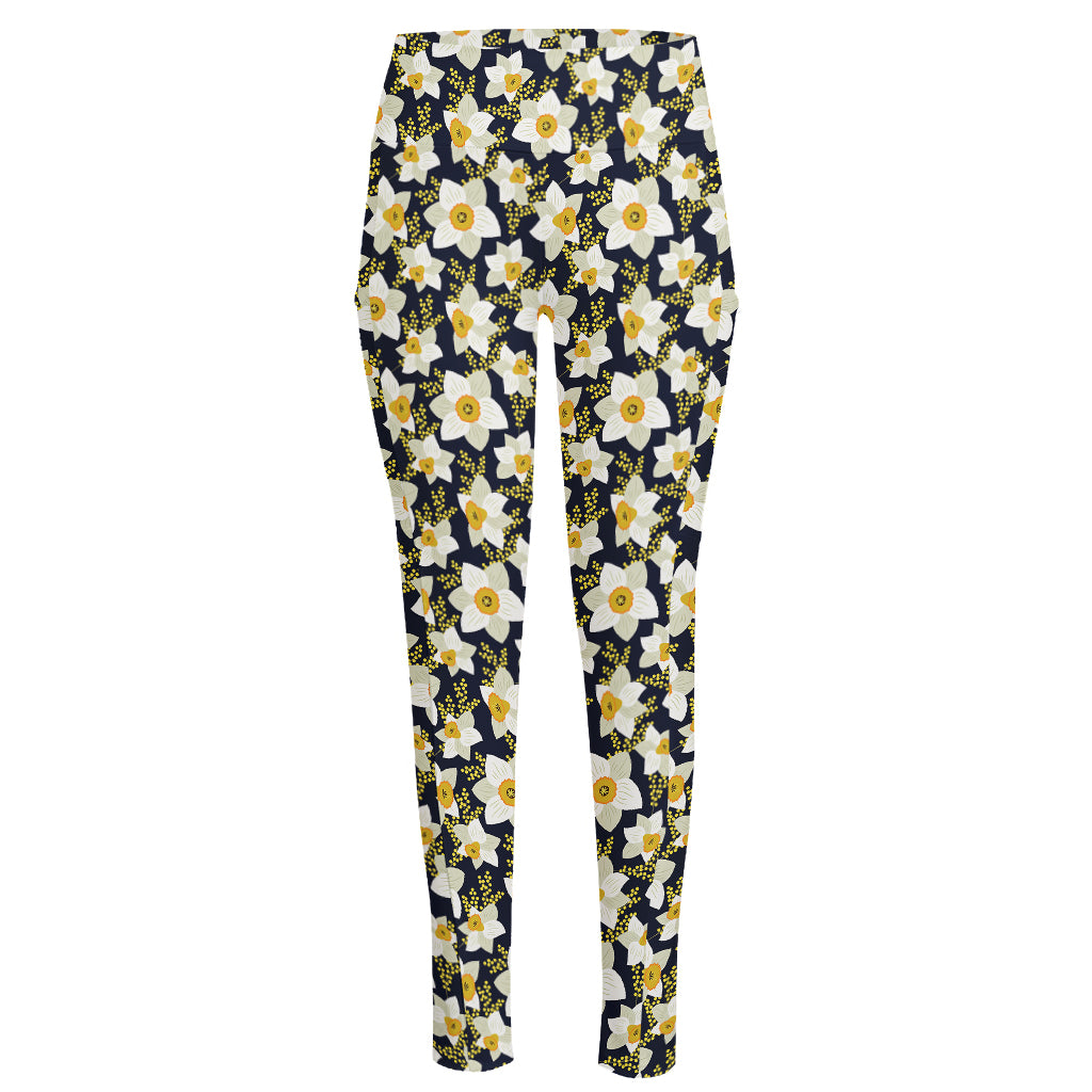 White Daffodil Flower Pattern Print High-Waisted Pocket Leggings