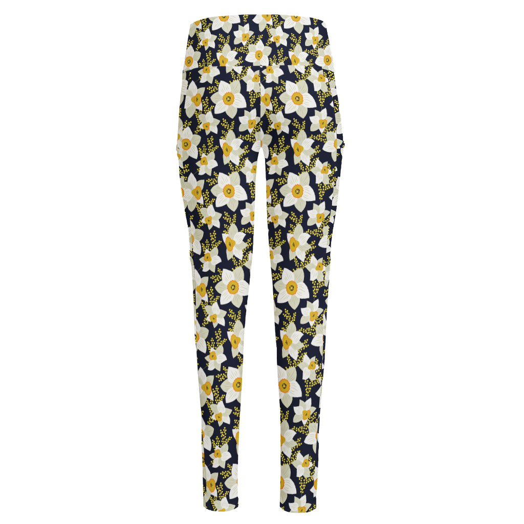 White Daffodil Flower Pattern Print High-Waisted Pocket Leggings