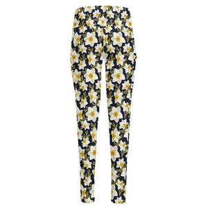 White Daffodil Flower Pattern Print High-Waisted Pocket Leggings