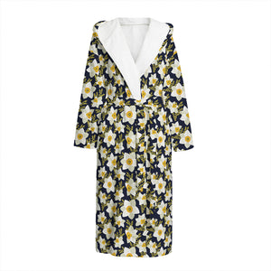 White Daffodil Flower Pattern Print Hooded Bathrobe