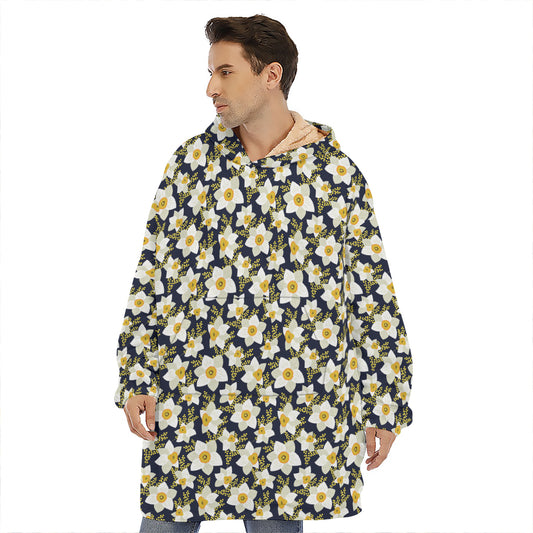 White Daffodil Flower Pattern Print Hoodie Blanket