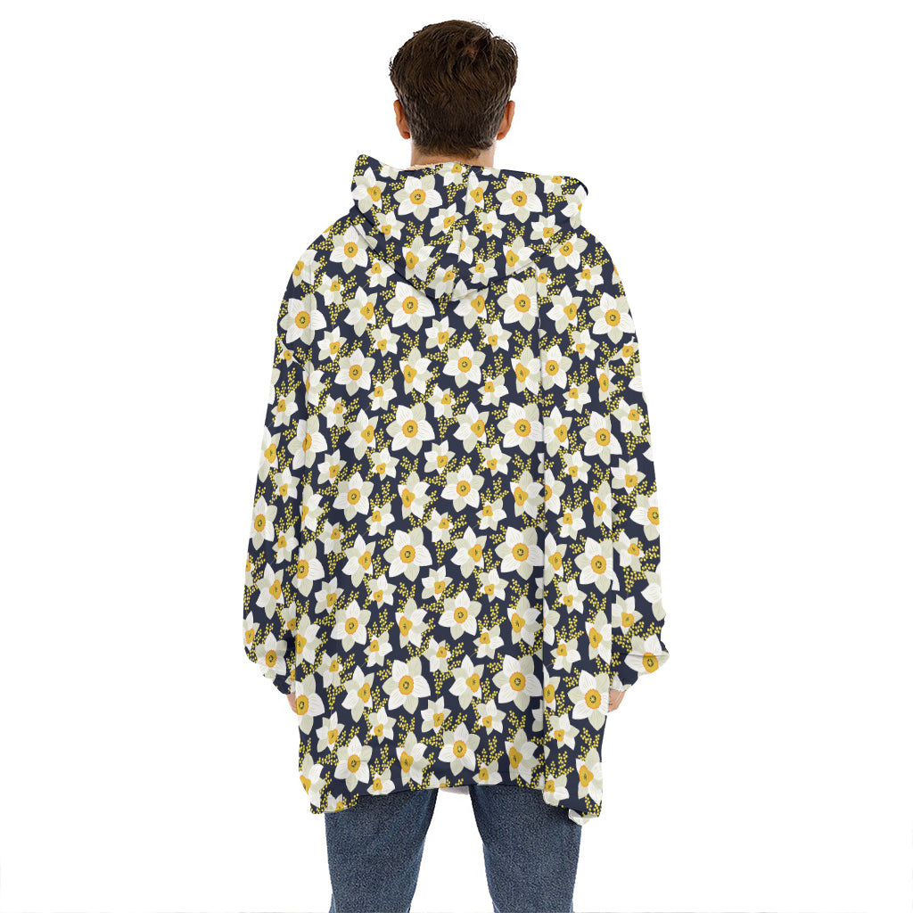White Daffodil Flower Pattern Print Hoodie Blanket