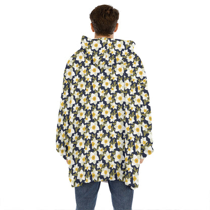 White Daffodil Flower Pattern Print Hoodie Blanket
