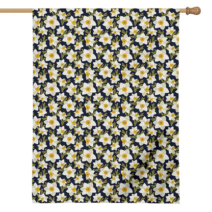 White Daffodil Flower Pattern Print House Flag