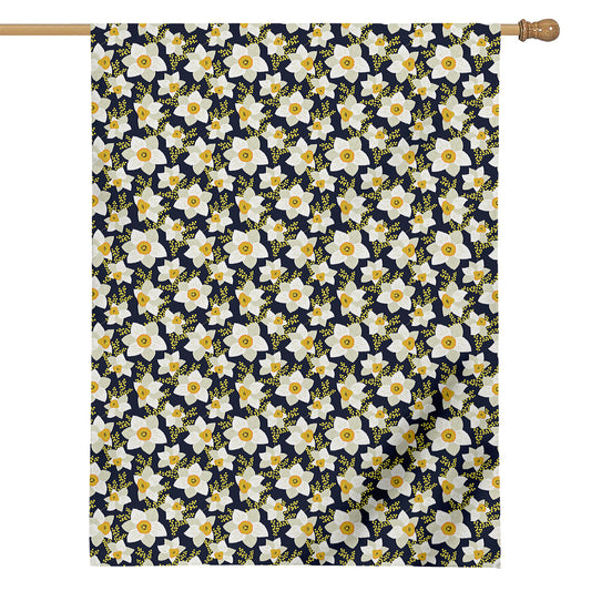 White Daffodil Flower Pattern Print House Flag