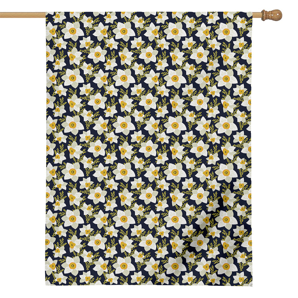 White Daffodil Flower Pattern Print House Flag