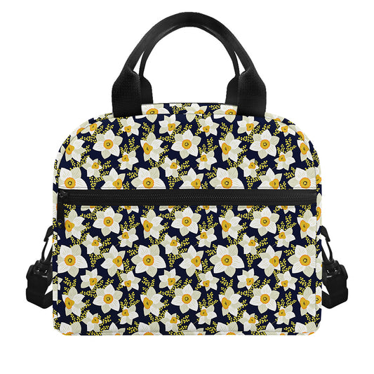White Daffodil Flower Pattern Print Insulated Lunch Bag