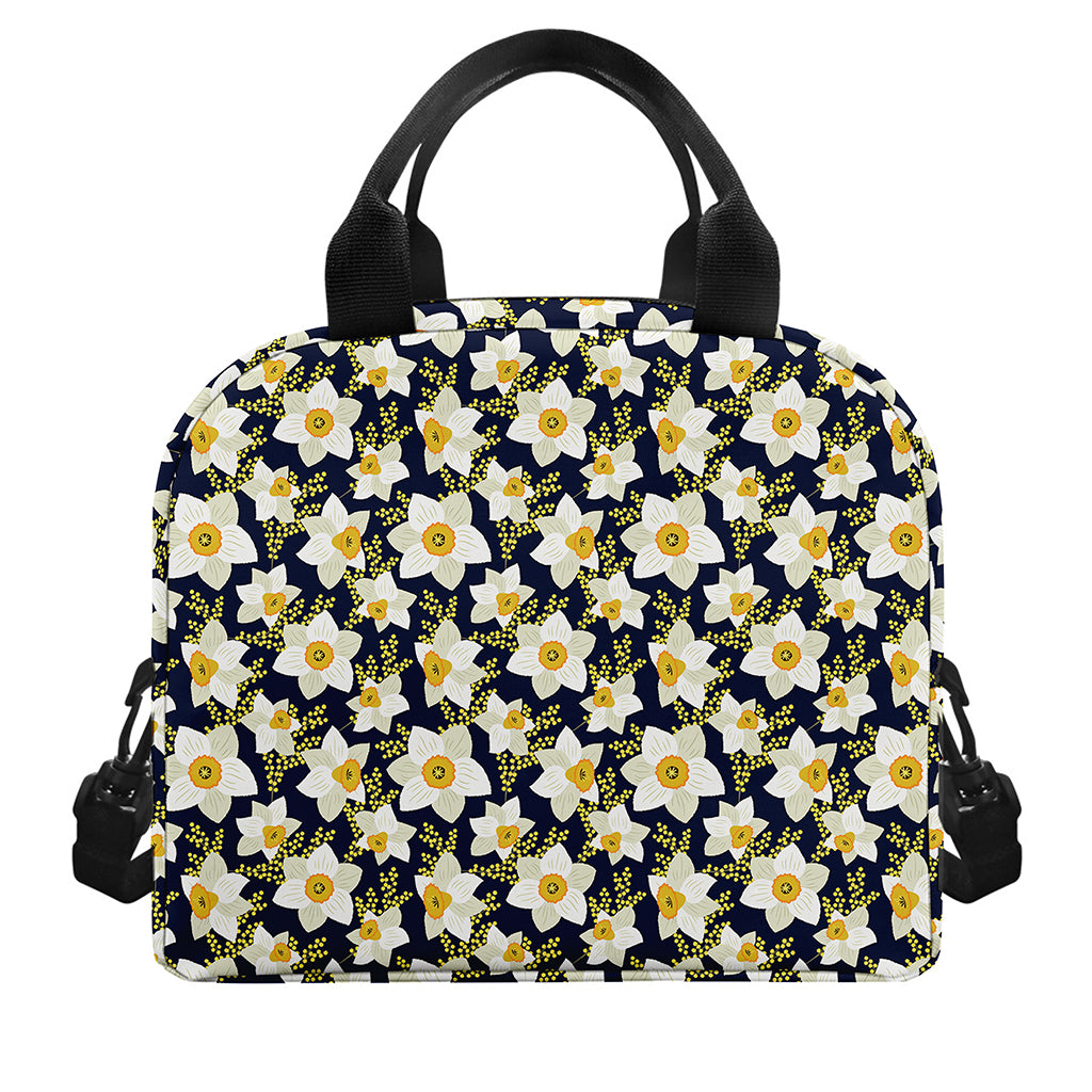 White Daffodil Flower Pattern Print Insulated Lunch Bag