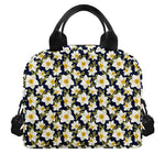 White Daffodil Flower Pattern Print Insulated Lunch Bag