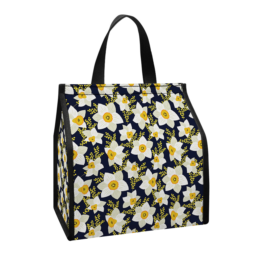 White Daffodil Flower Pattern Print Insulated Lunch Tote